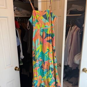 Sincerely Jules Tropical Leaf Midi Dress in Coral, Teal, Navy & Lime